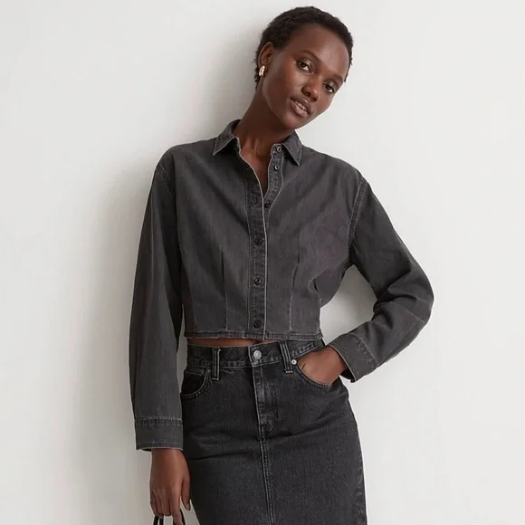 NWT Madewell Denim Pleated Cropped Button-Up Shirt, Lunar Wash, Sz S Small - Picture 2 of 5